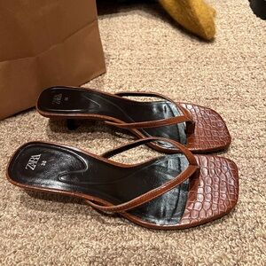 Zara Brown Croc-Pattern Heeled Sandals